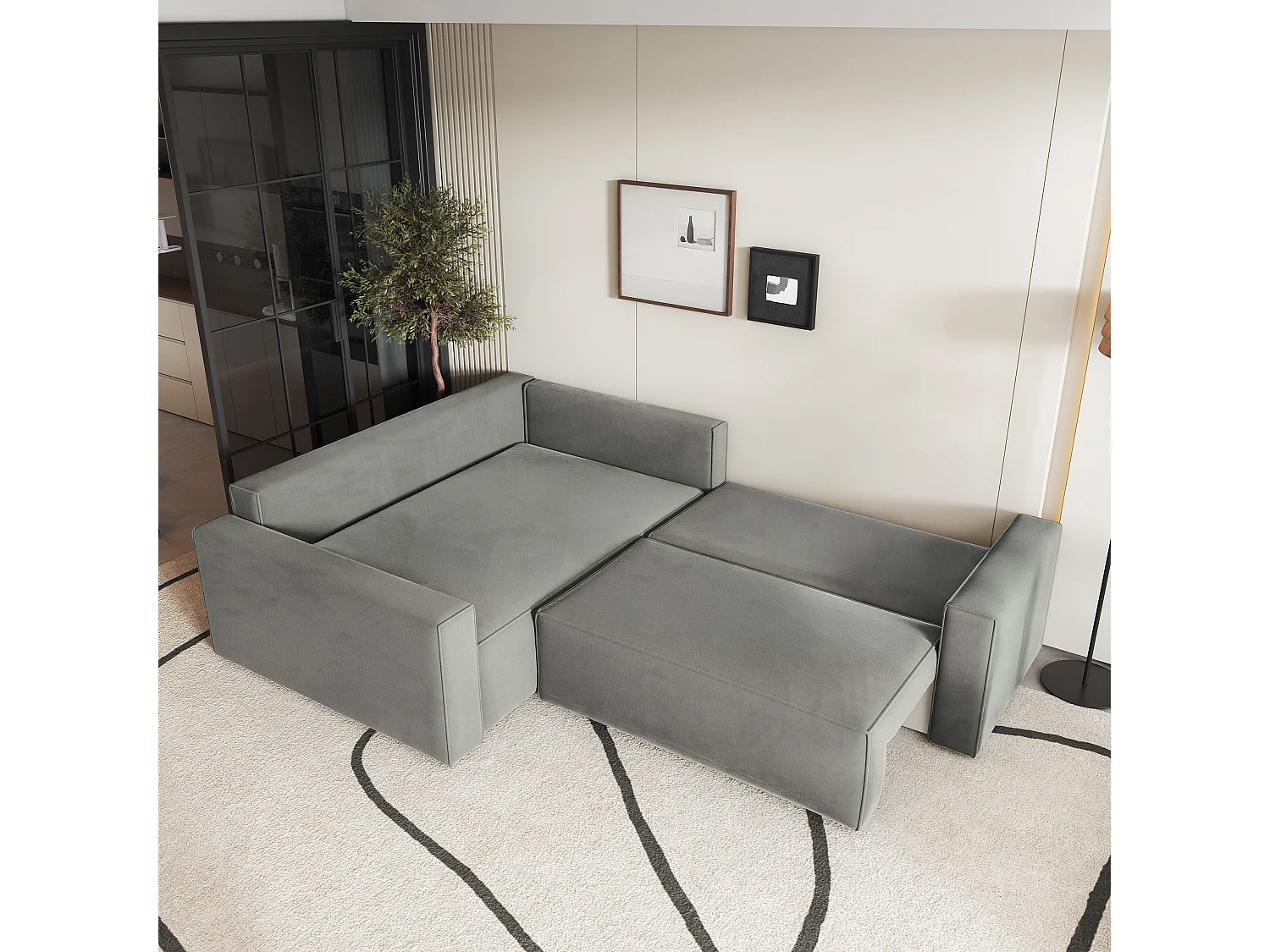Hoekbank ERONIS van fluweel met slaapfunctie Hellgrau