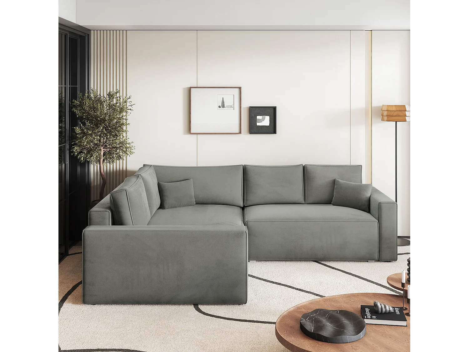 Hoekbank ERONIS van fluweel met slaapfunctie Hellgrau