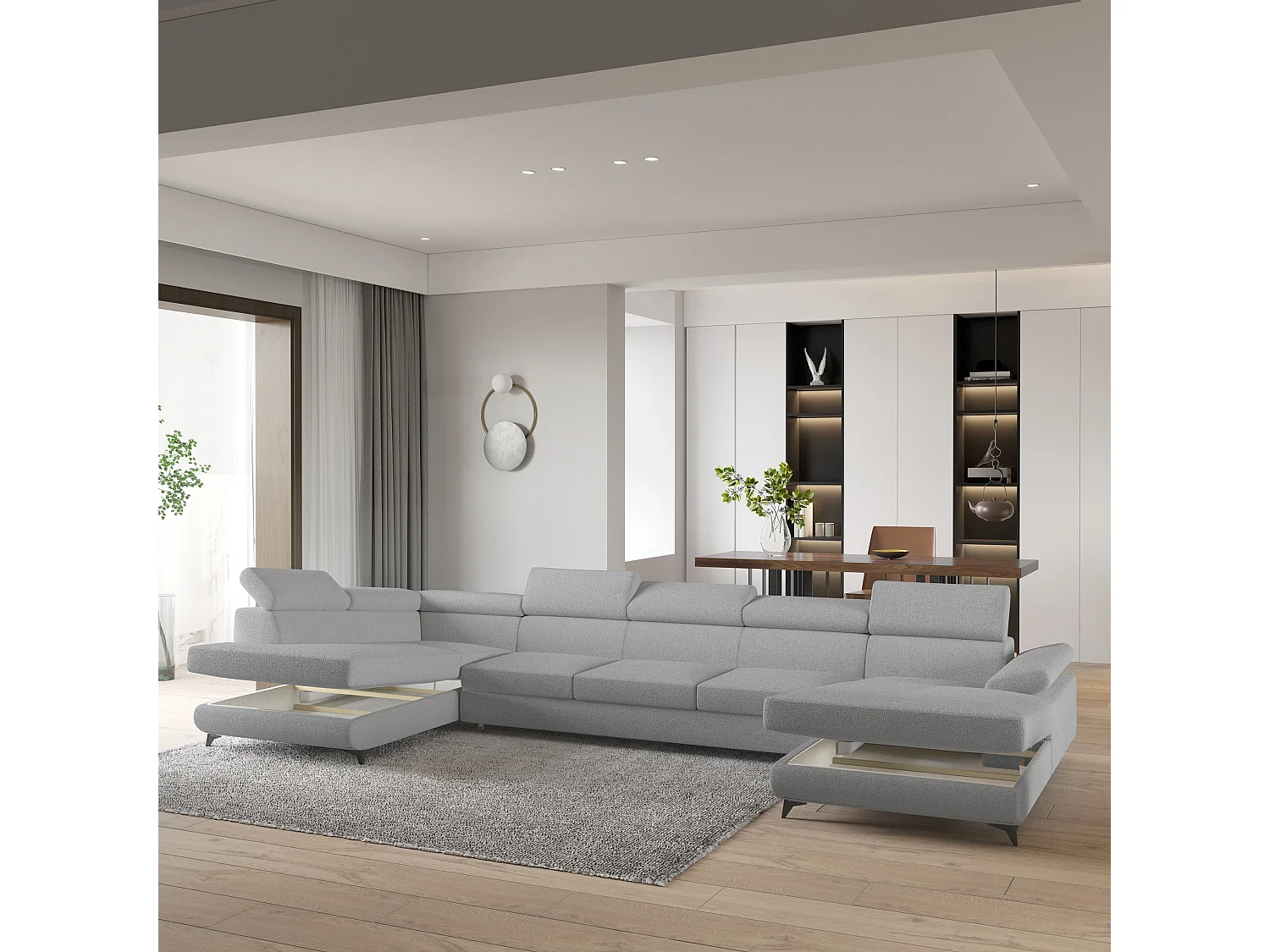 Hoekbank MONTIVA van fluweel met slaapfunctie Hellgrau