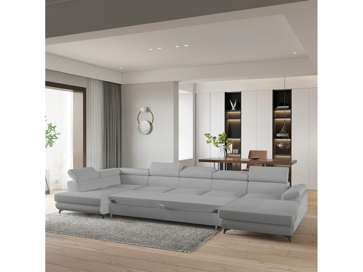 Hoekbank MONTIVA van fluweel met slaapfunctie Hellgrau