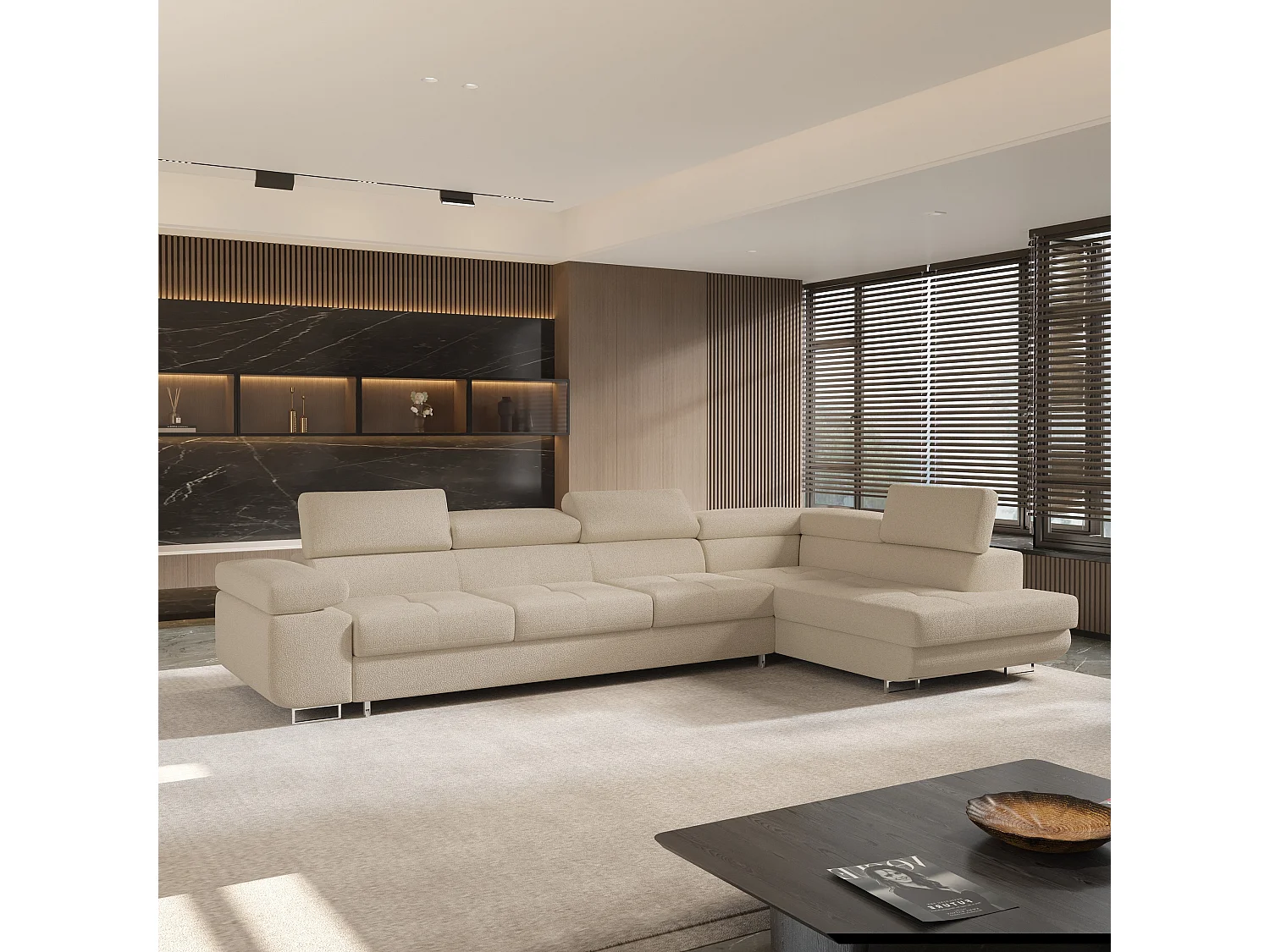 Hoekbank VICENTE van fluweel met slaapfunctie Beige