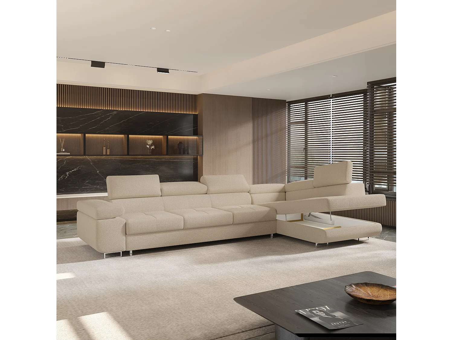 Hoekbank VICENTE van fluweel met slaapfunctie Beige