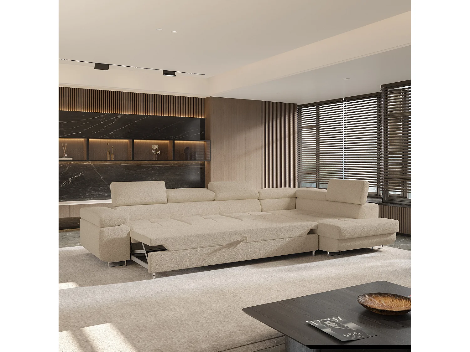 Hoekbank VICENTE van fluweel met slaapfunctie Beige