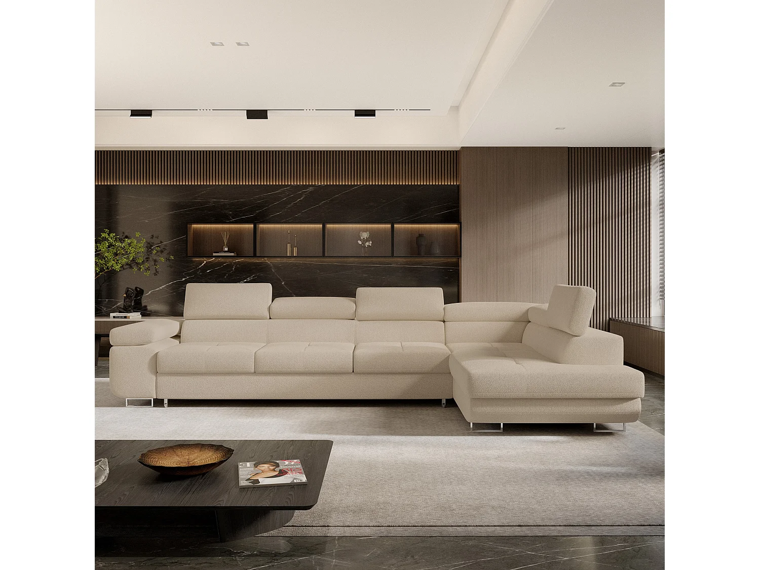 Hoekbank VICENTE van fluweel met slaapfunctie Beige