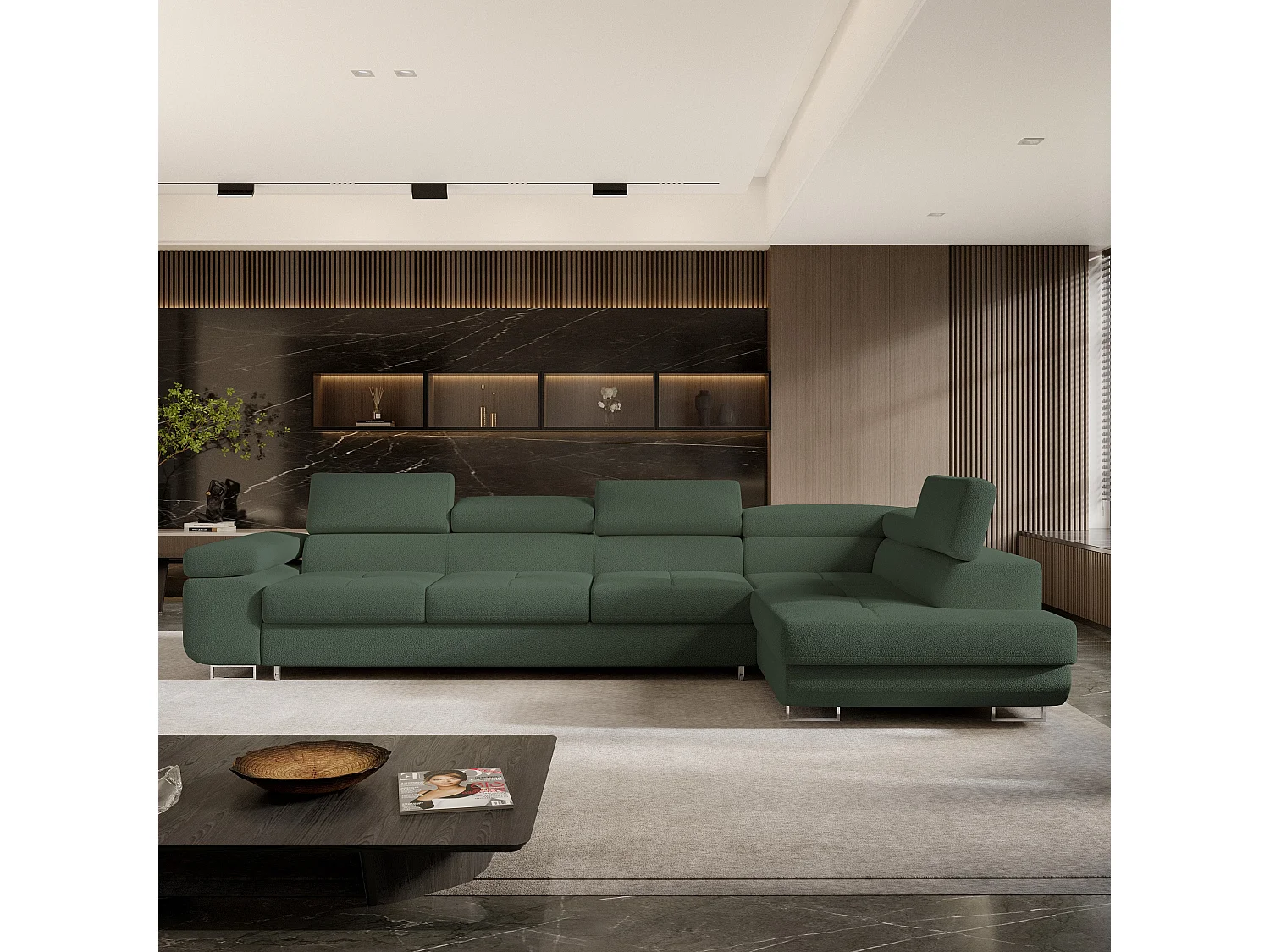 Hoekbank VICENTE van fluweel met slaapfunctie Grün
