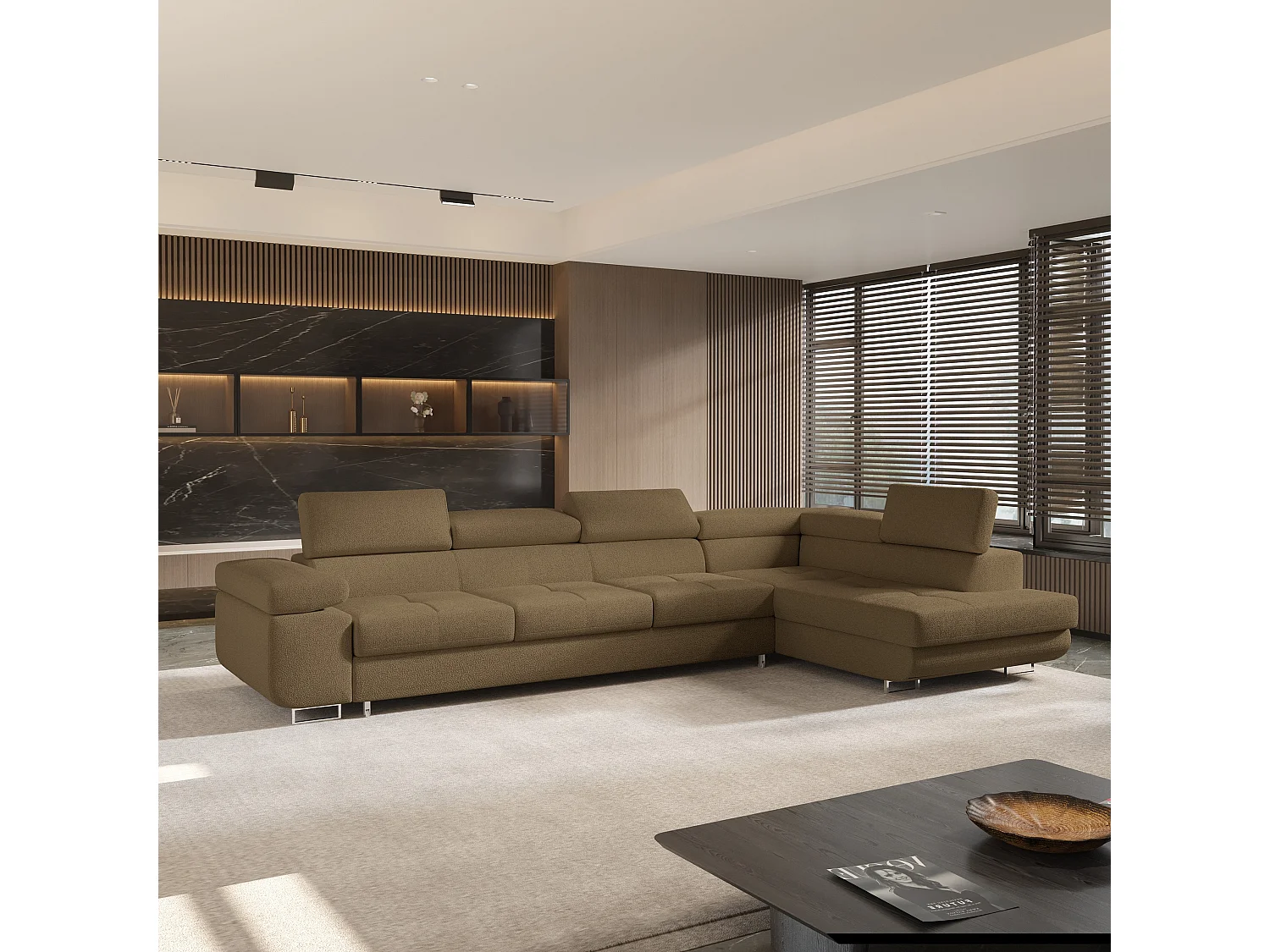 Hoekbank VICENTE van fluweel met slaapfunctie Orange