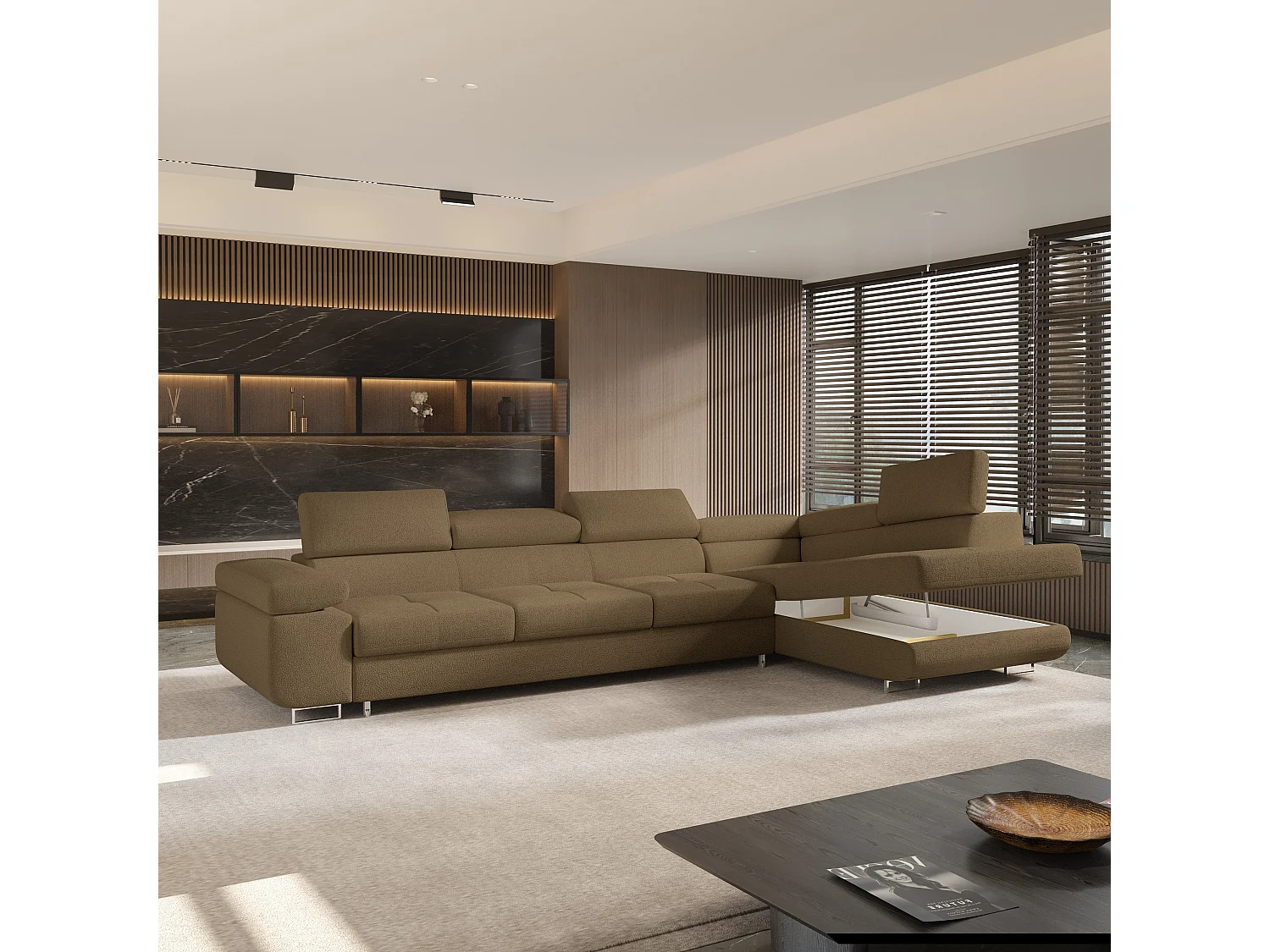 Hoekbank VICENTE van fluweel met slaapfunctie Orange