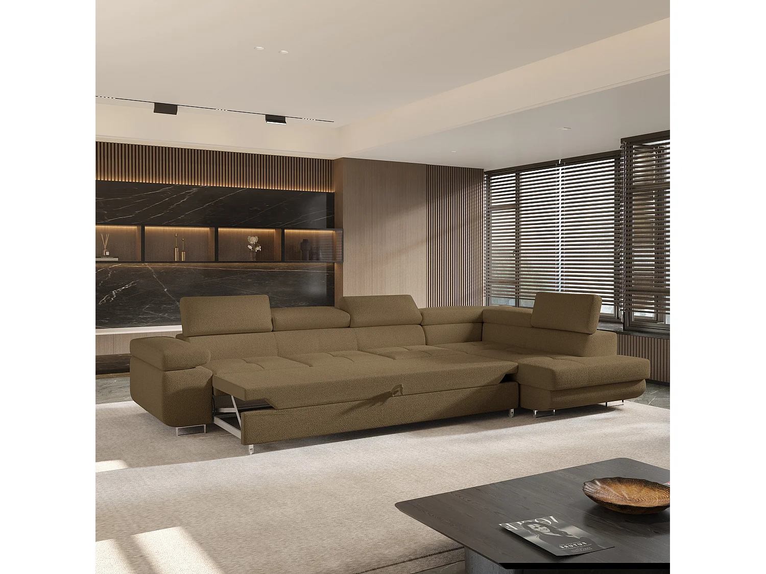 Hoekbank VICENTE van fluweel met slaapfunctie Orange