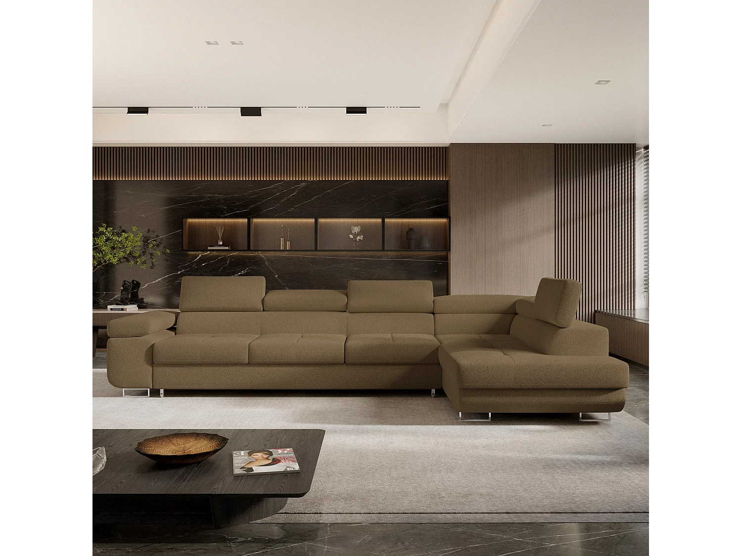 Hoekbank VICENTE van fluweel met slaapfunctie Orange