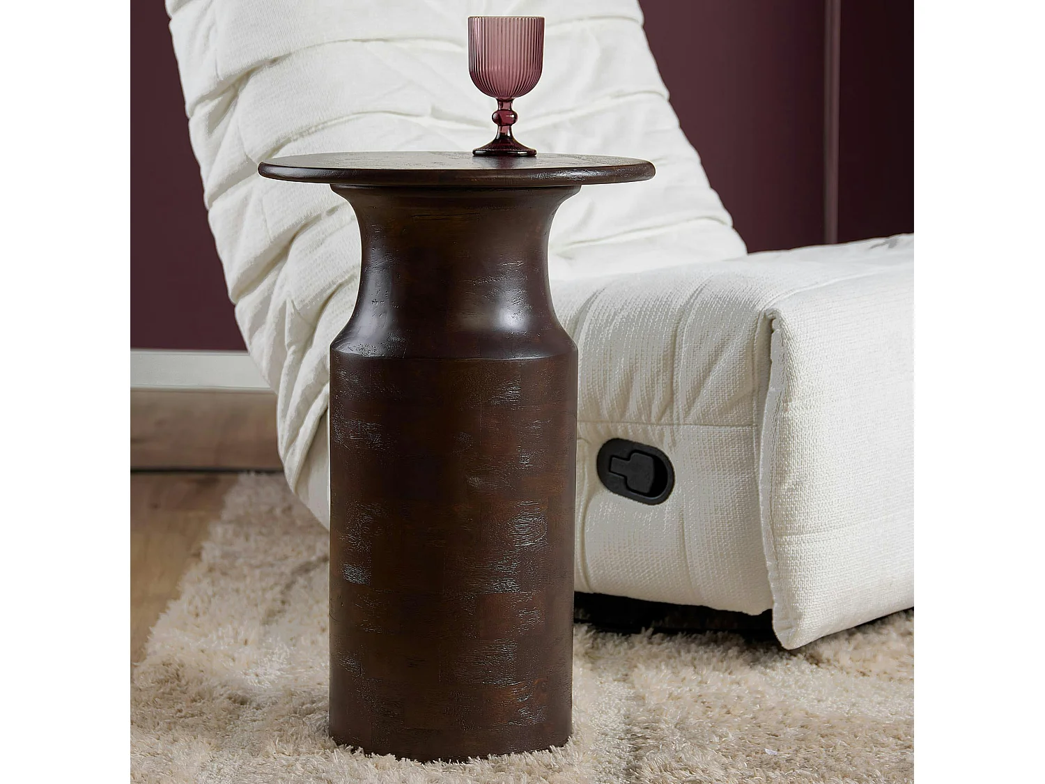 Table d'appoint ronde bois foncé pied colonne ALMA
