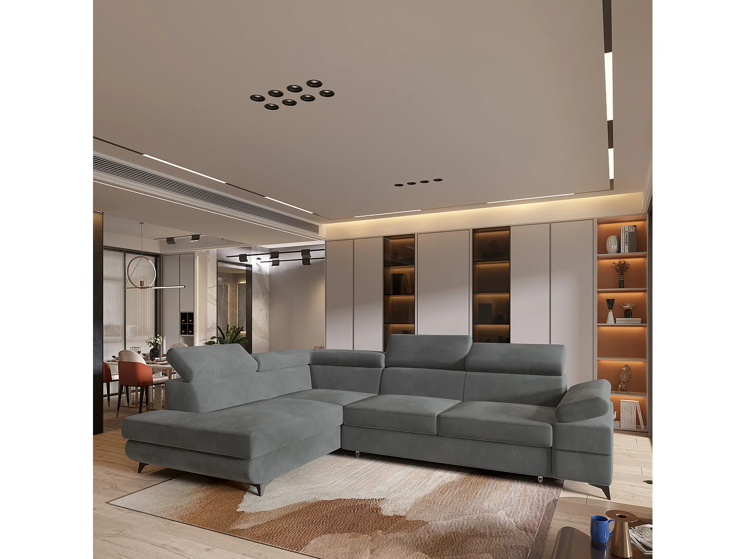 Hoekbank FAVIEN van fluweel met slaapfunctie Grau