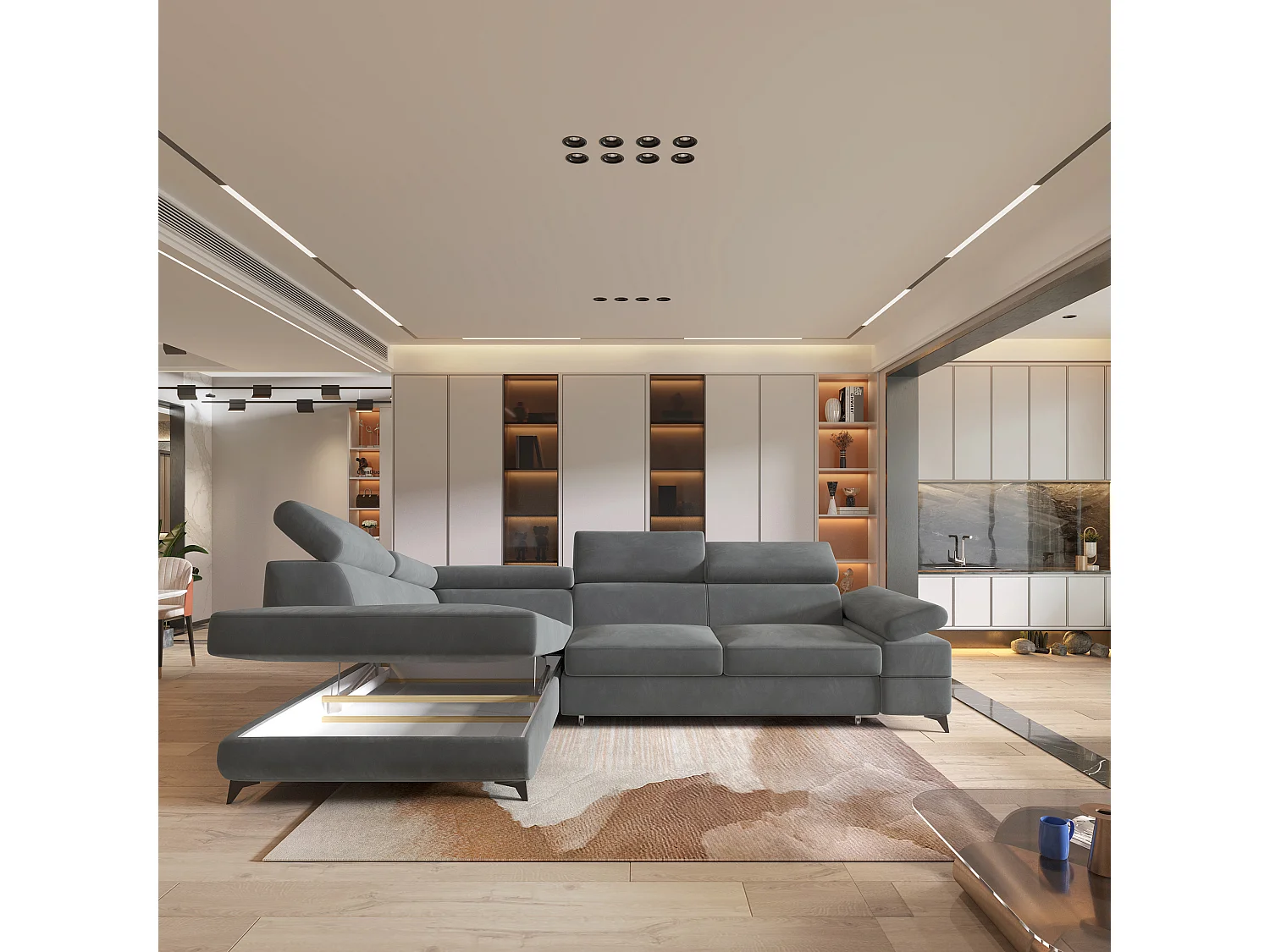 Hoekbank FAVIEN van fluweel met slaapfunctie Grau