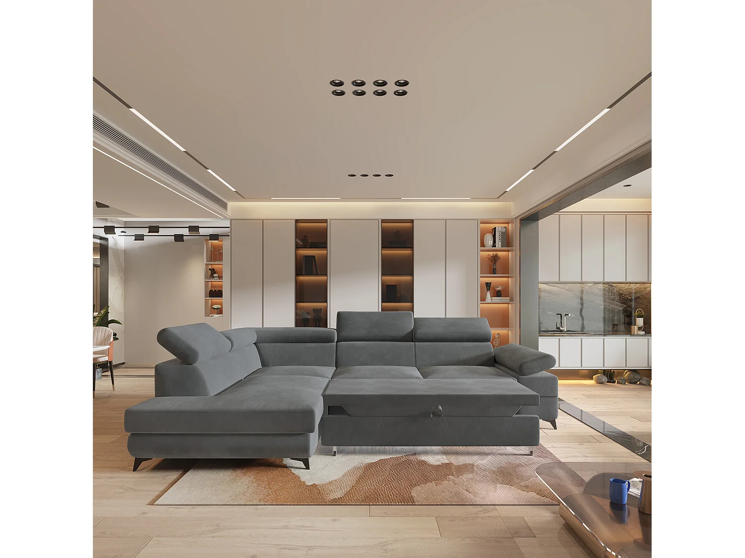 Hoekbank FAVIEN van fluweel met slaapfunctie Grau