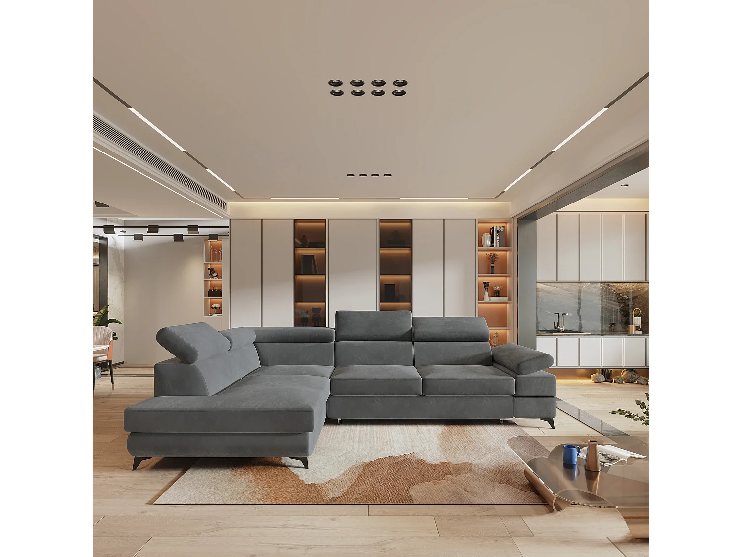 Hoekbank FAVIEN van fluweel met slaapfunctie Grau