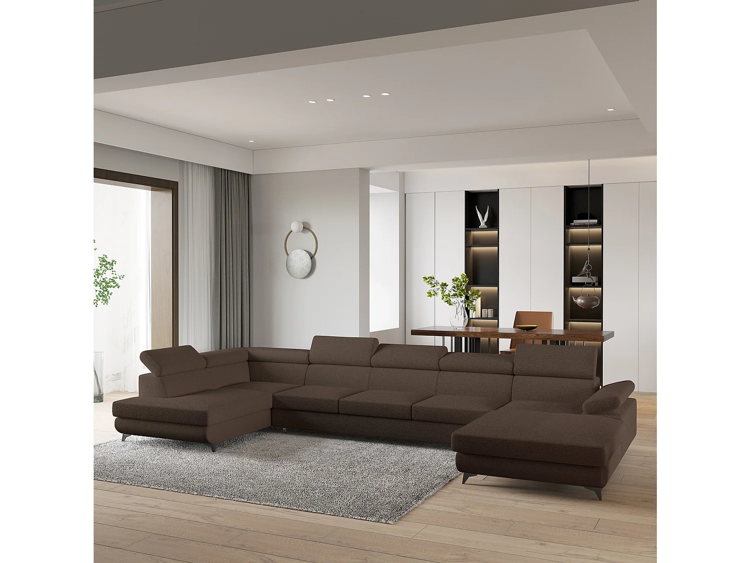 Hoekbank MONTIVA van fluweel met slaapfunctie Braun