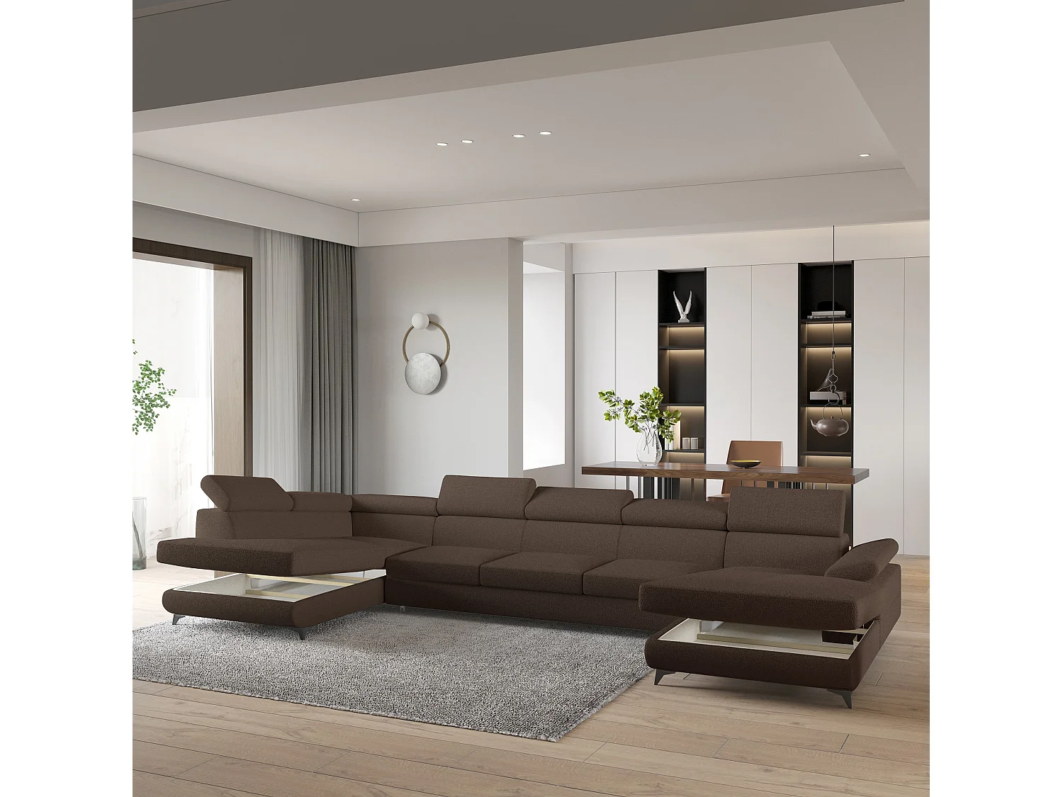 Hoekbank MONTIVA van fluweel met slaapfunctie Braun