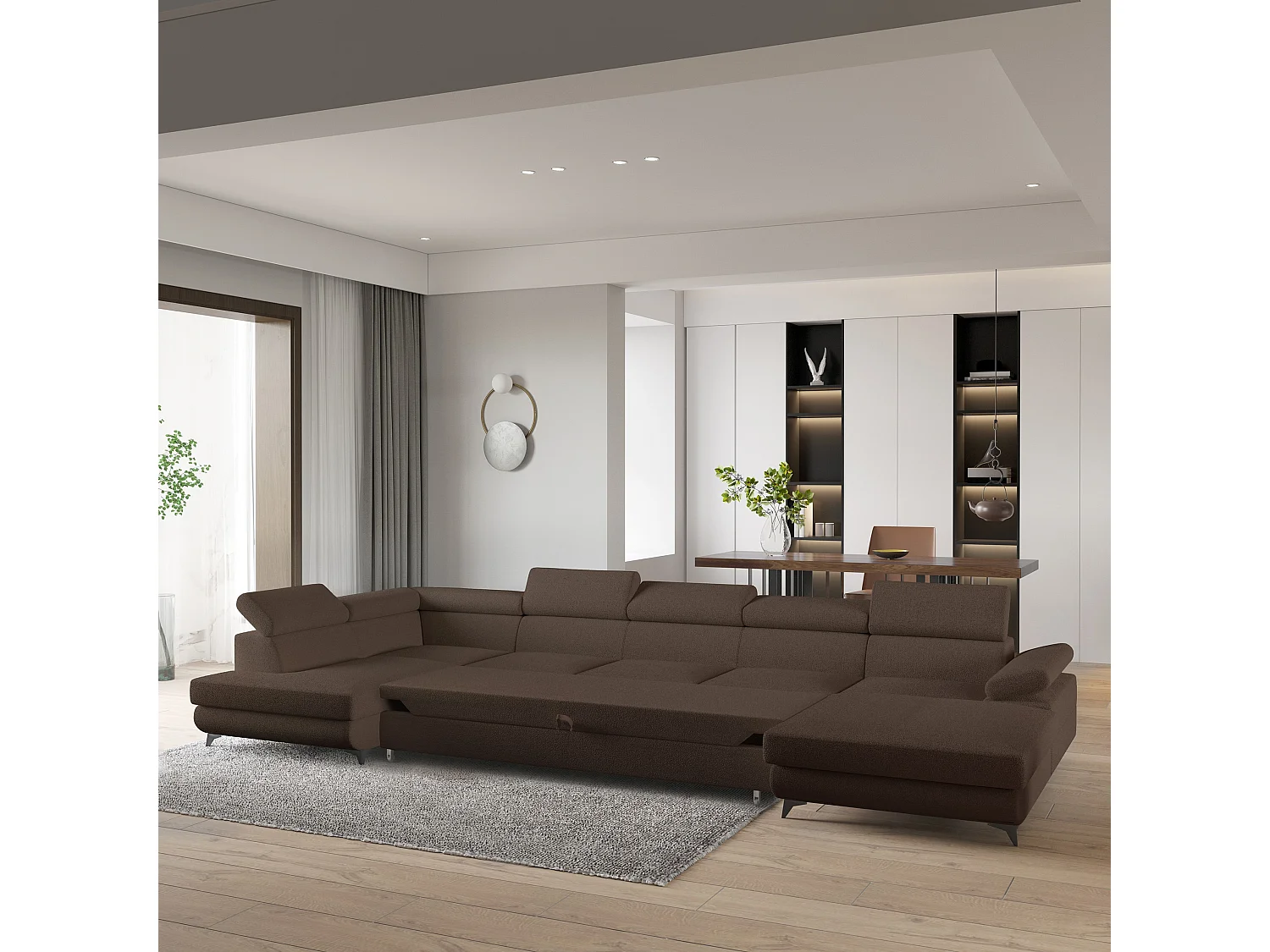 Hoekbank MONTIVA van fluweel met slaapfunctie Braun