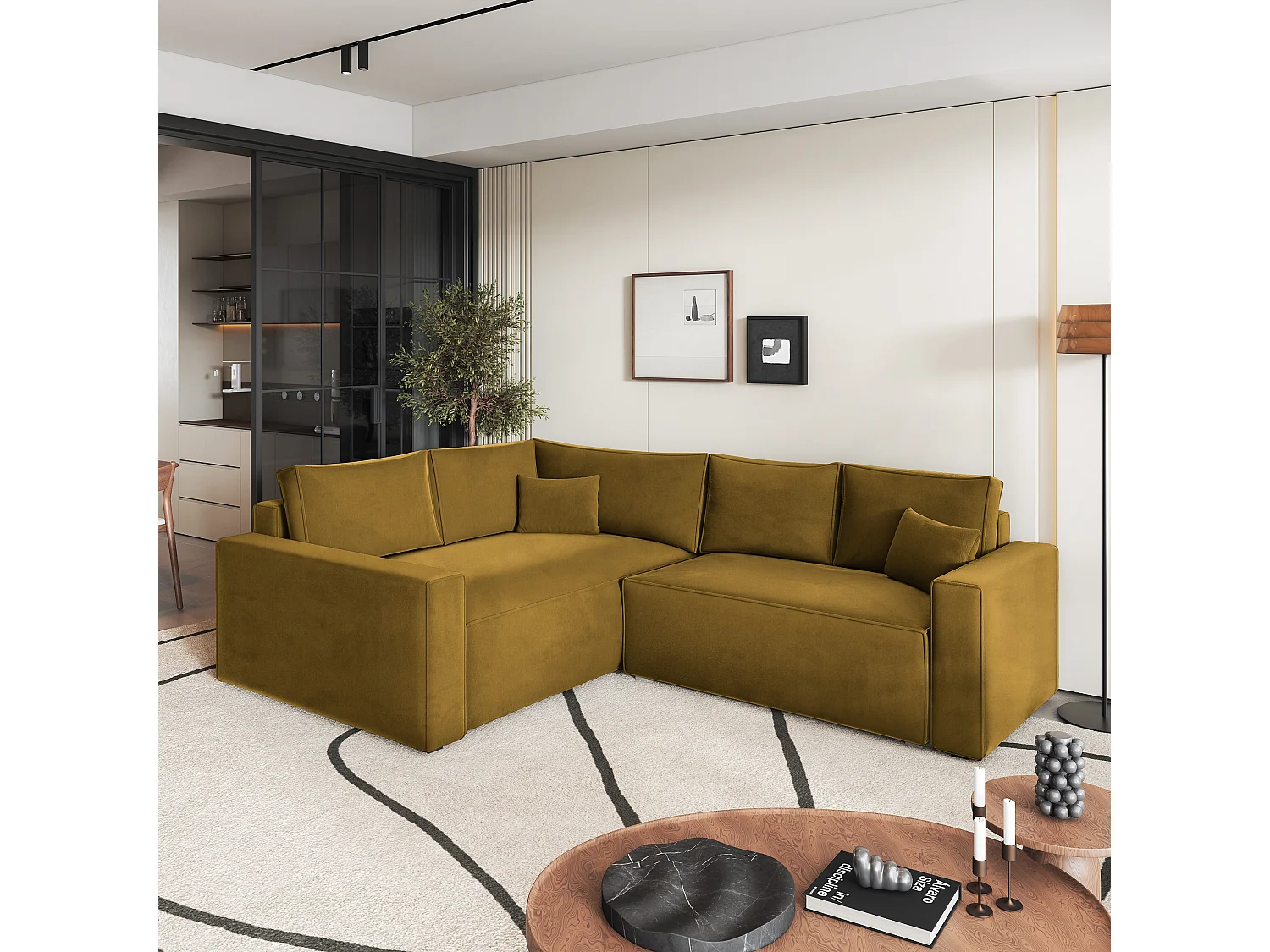 Hoekbank ERONIS van fluweel met slaapfunctie Gelb