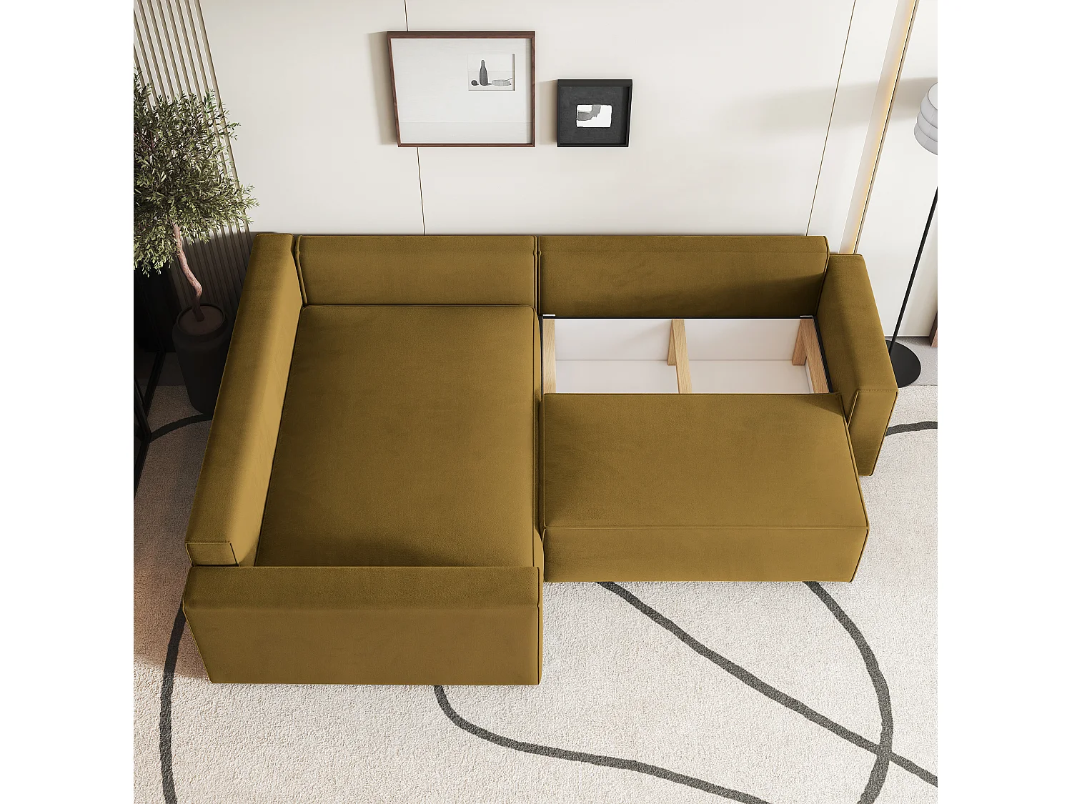 Hoekbank ERONIS van fluweel met slaapfunctie Gelb
