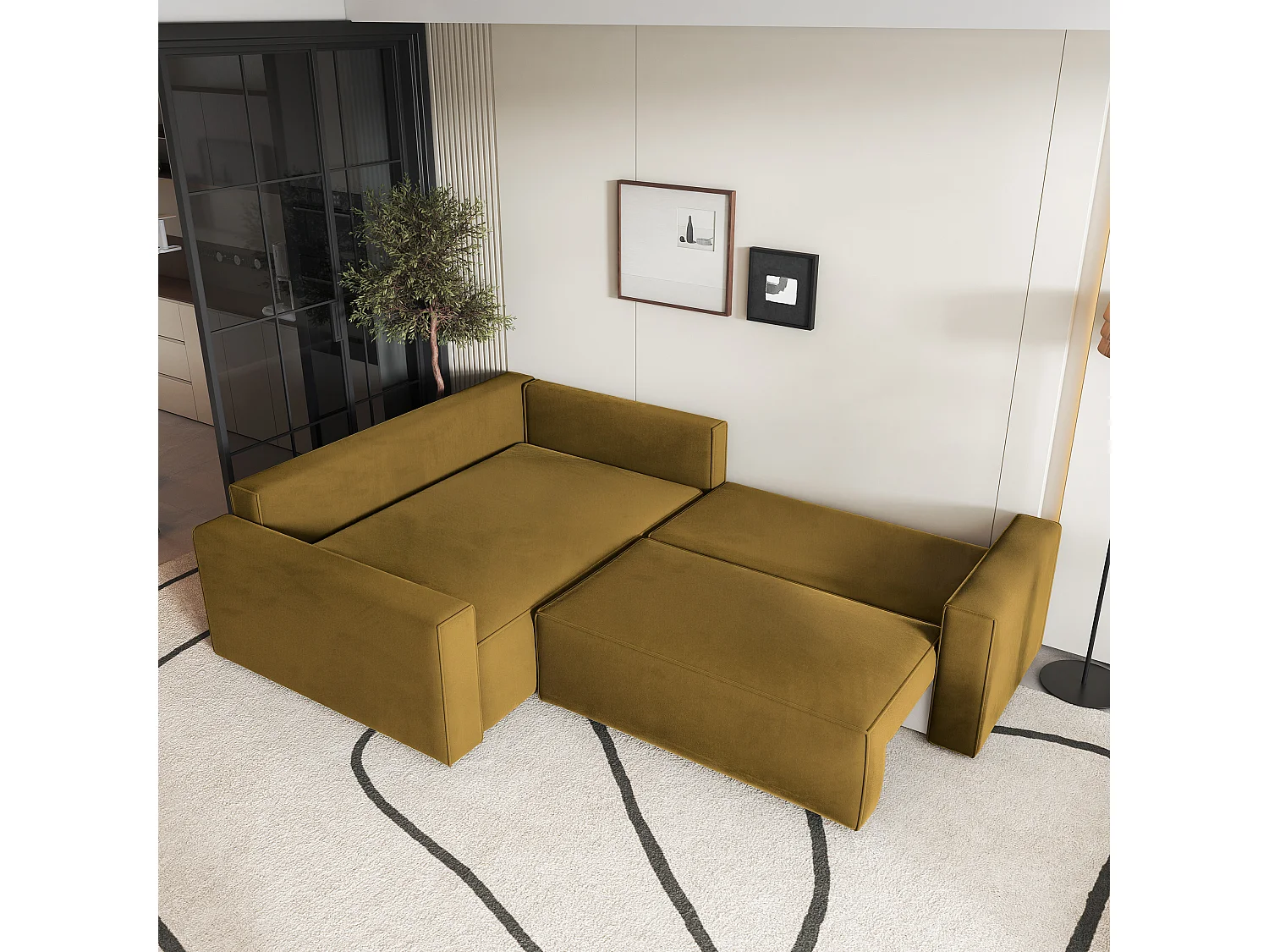 Hoekbank ERONIS van fluweel met slaapfunctie Gelb