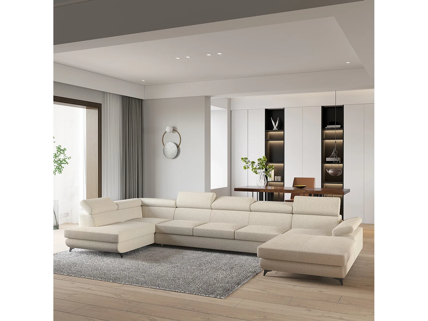 Hoekbank MONTIVA van fluweel met slaapfunctie Creme