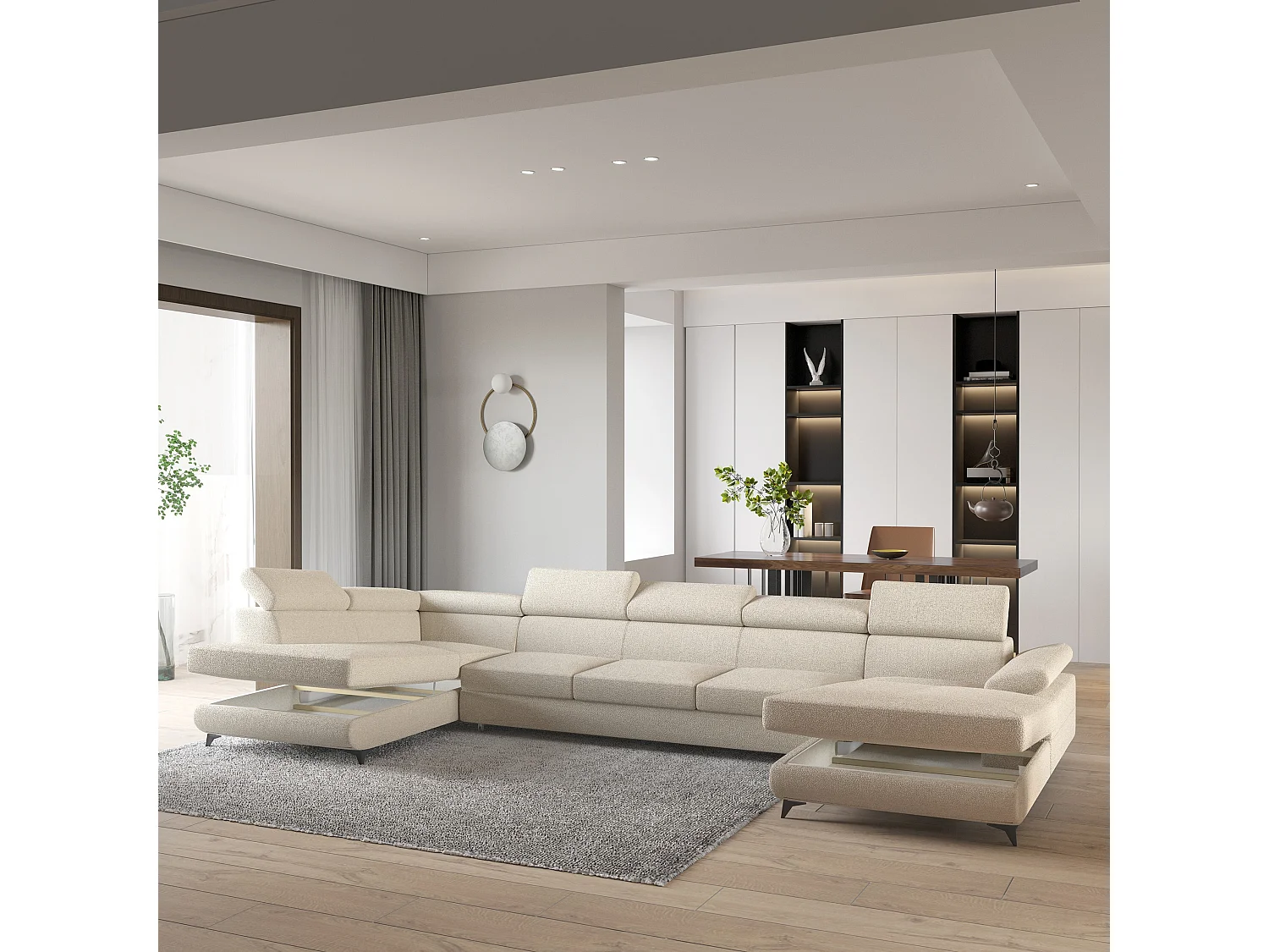 Hoekbank MONTIVA van fluweel met slaapfunctie Creme