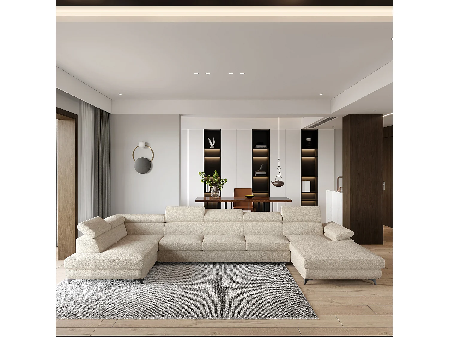 Hoekbank MONTIVA van fluweel met slaapfunctie Creme