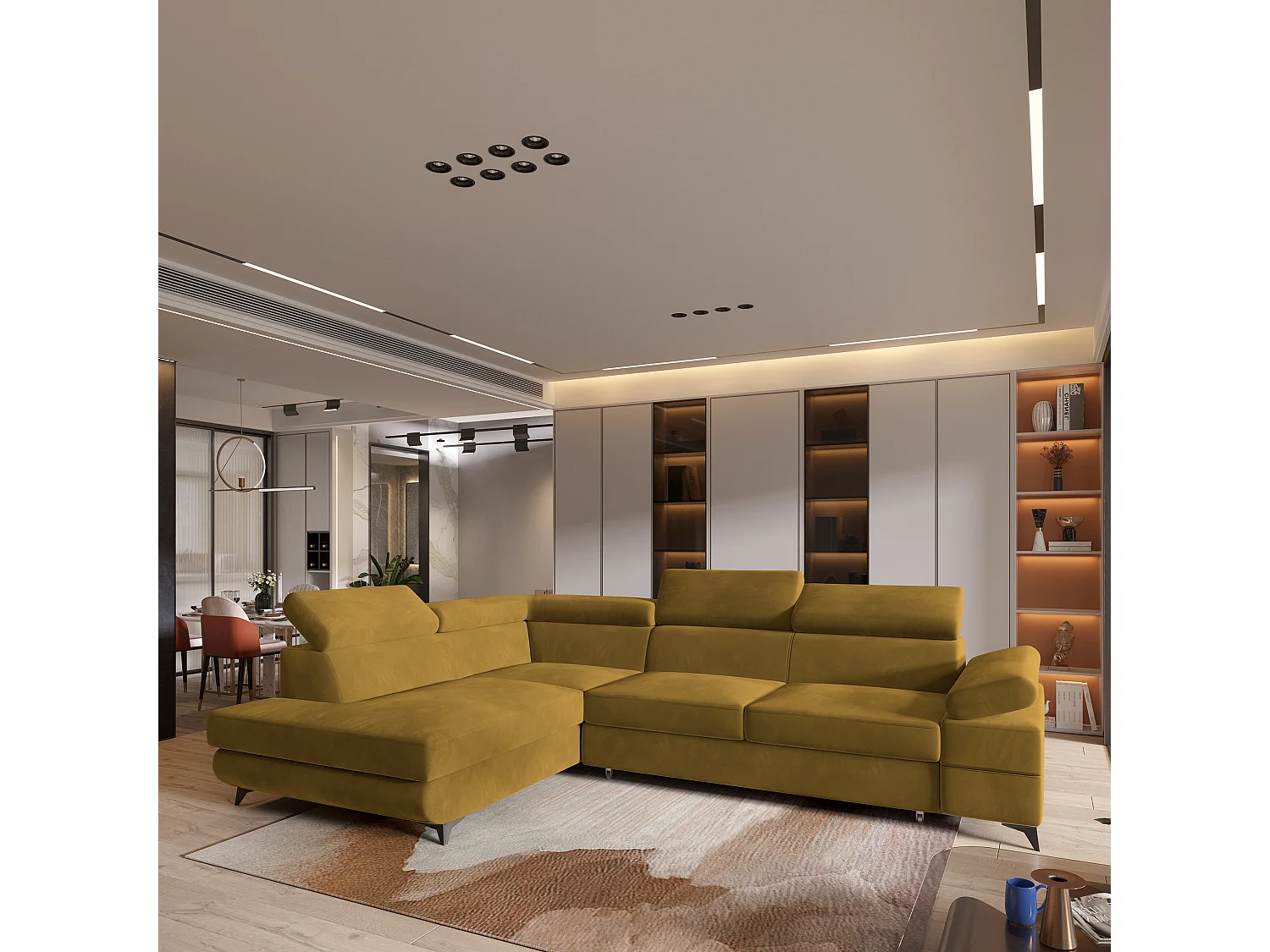 Hoekbank FAVIEN van fluweel met slaapfunctie Gelb