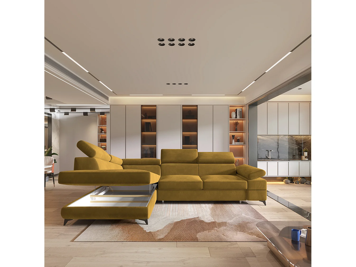 Hoekbank FAVIEN van fluweel met slaapfunctie Gelb