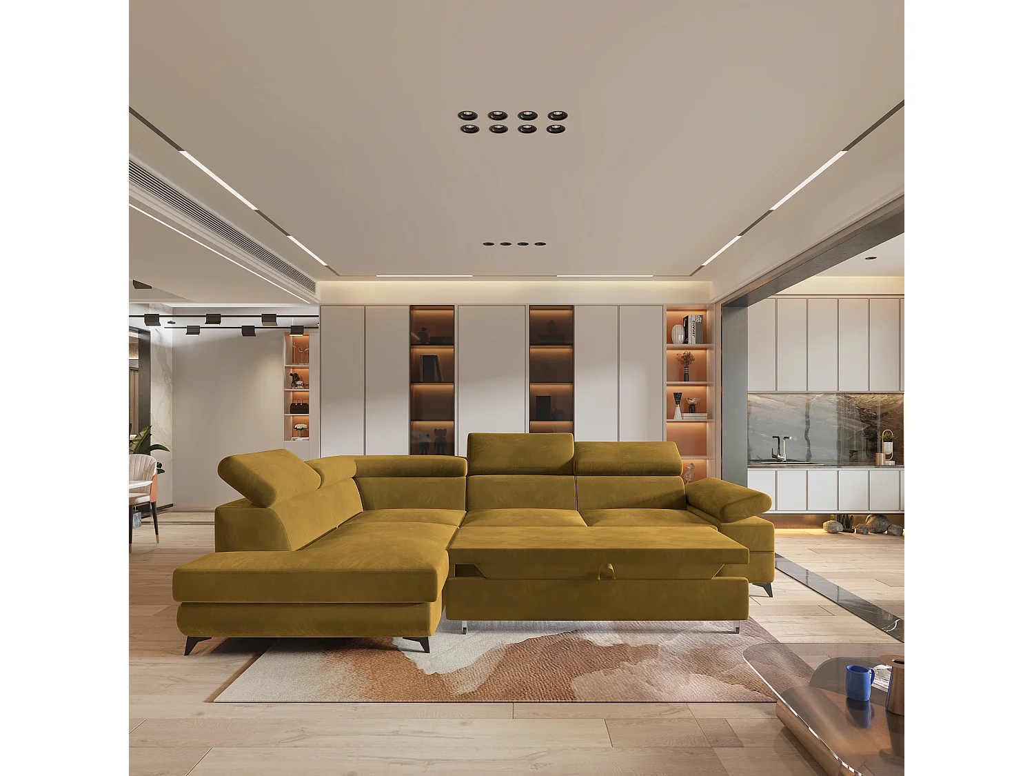 Hoekbank FAVIEN van fluweel met slaapfunctie Gelb