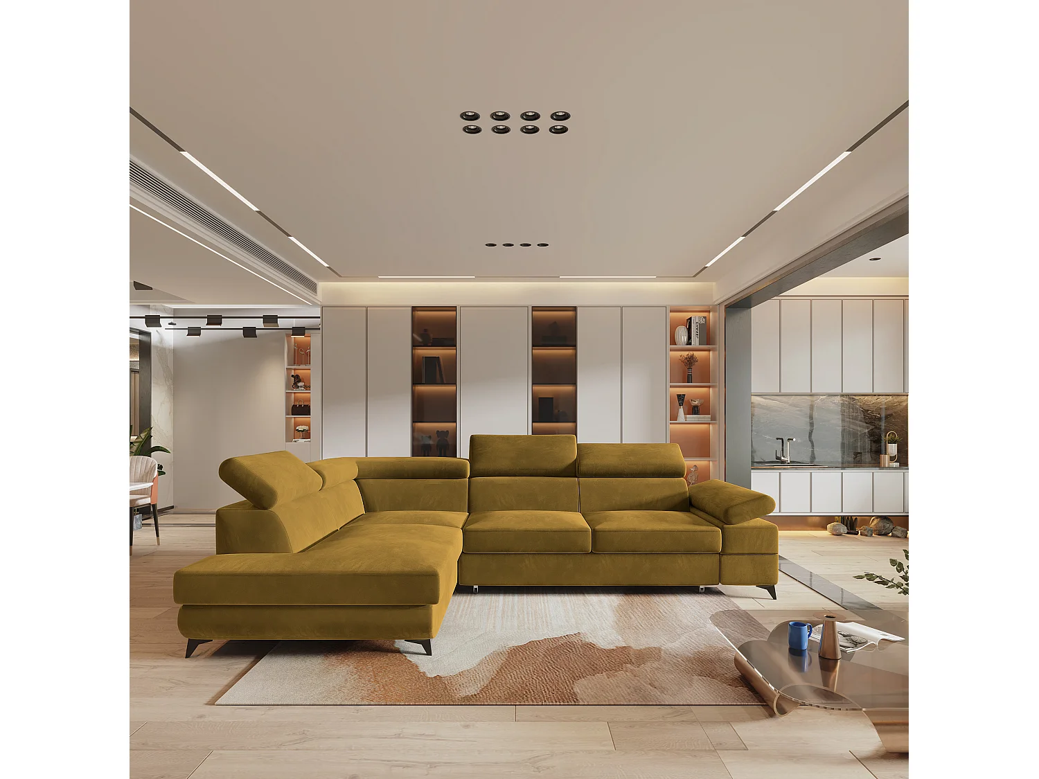 Hoekbank FAVIEN van fluweel met slaapfunctie Gelb