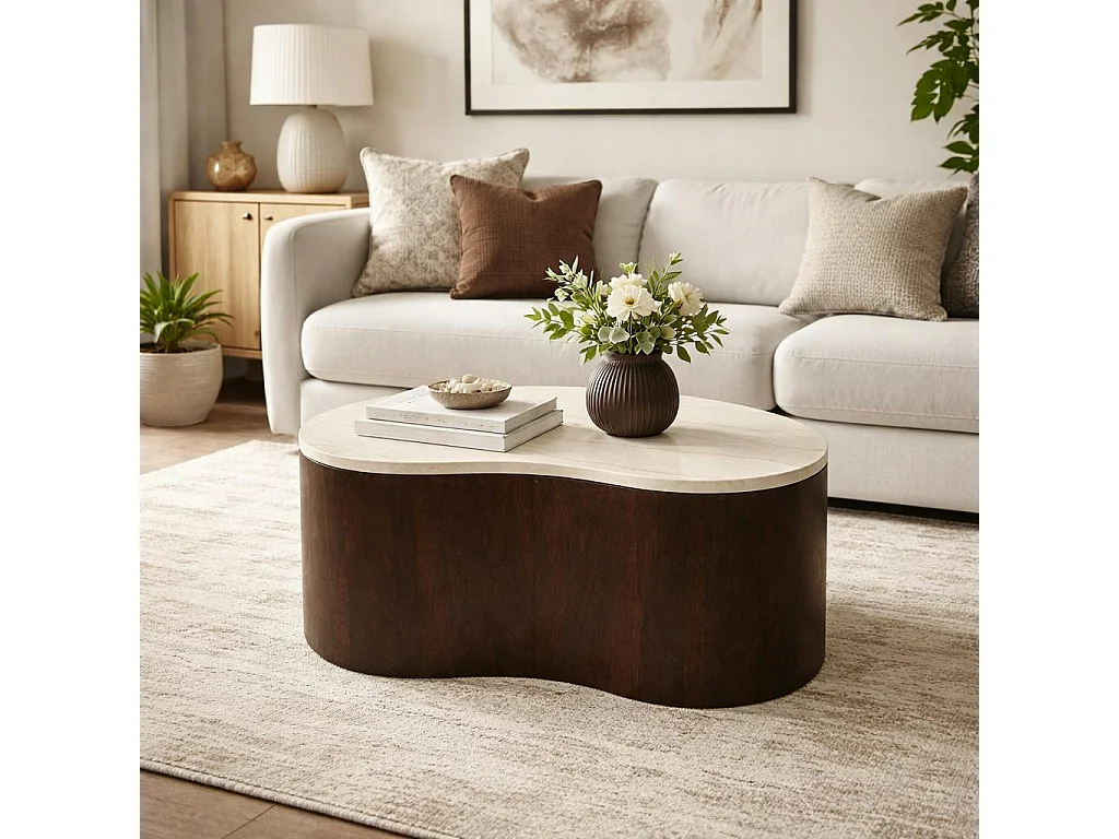 Table basse design organique marbre bois foncé 77 cm DUOMO