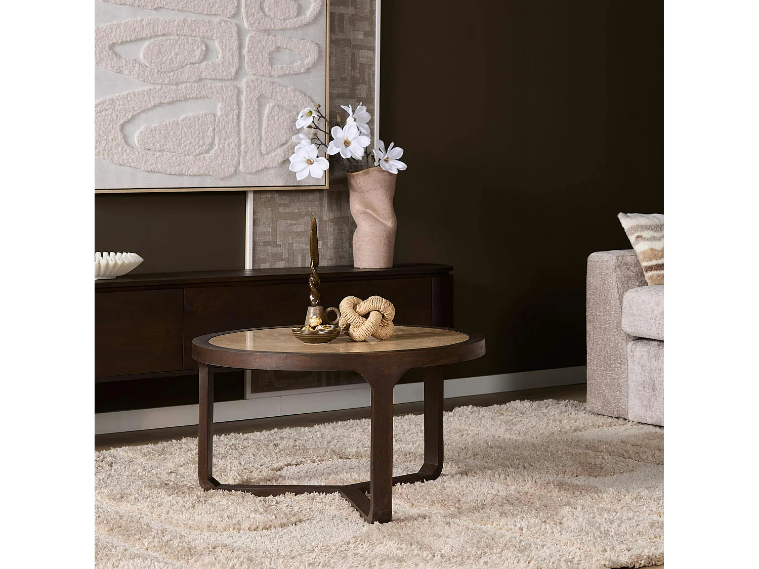 Table basse travertin et bois 3 pieds Ø75 cm DUOMO
