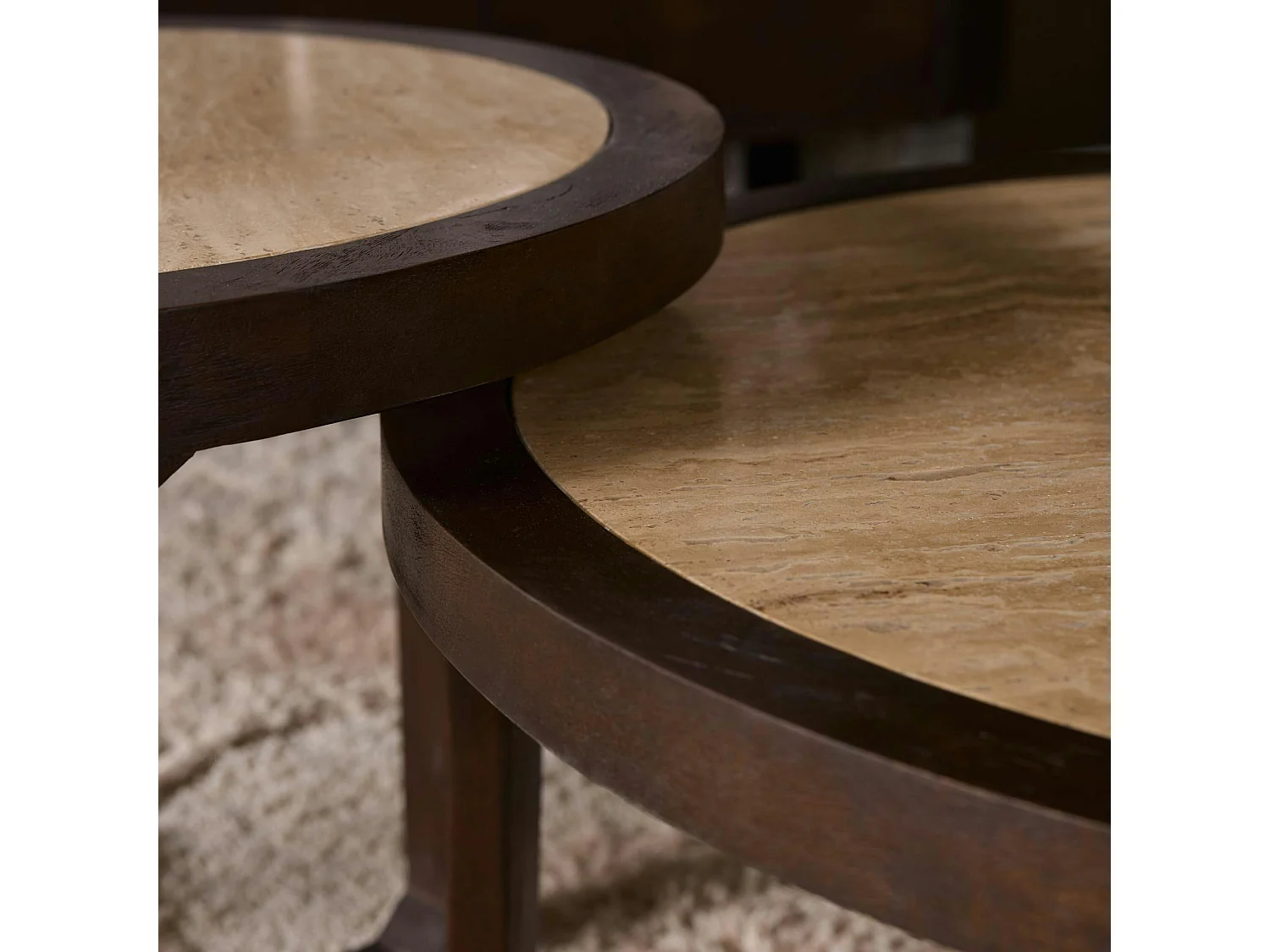 Table basse travertin et bois 3 pieds Ø75 cm DUOMO