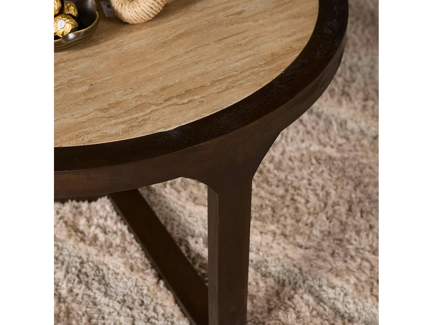 Table basse travertin et bois 3 pieds Ø75 cm DUOMO