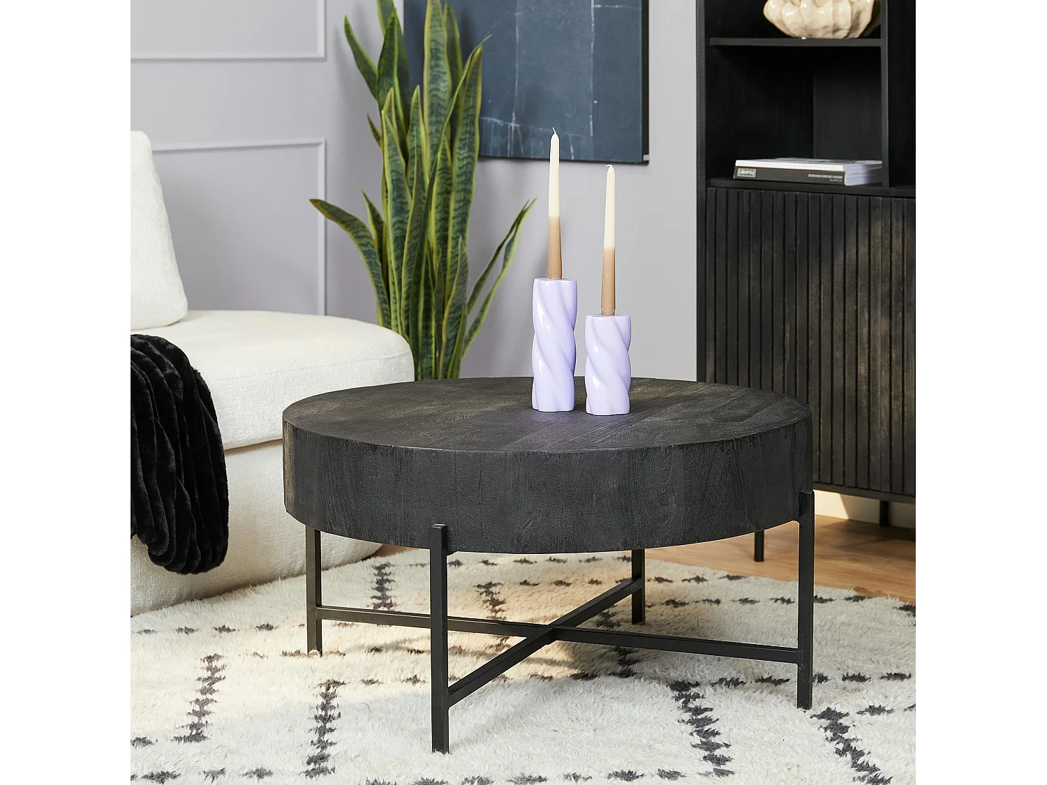 Table basse ronde bois noir à plateau épais Ø80 cm ALMA