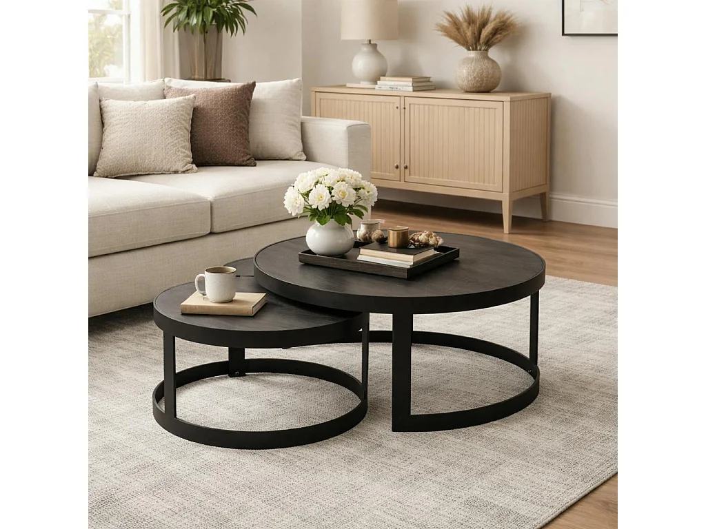 Table basse gigogne bois noir à rebord épais (lot de 2) ALMA