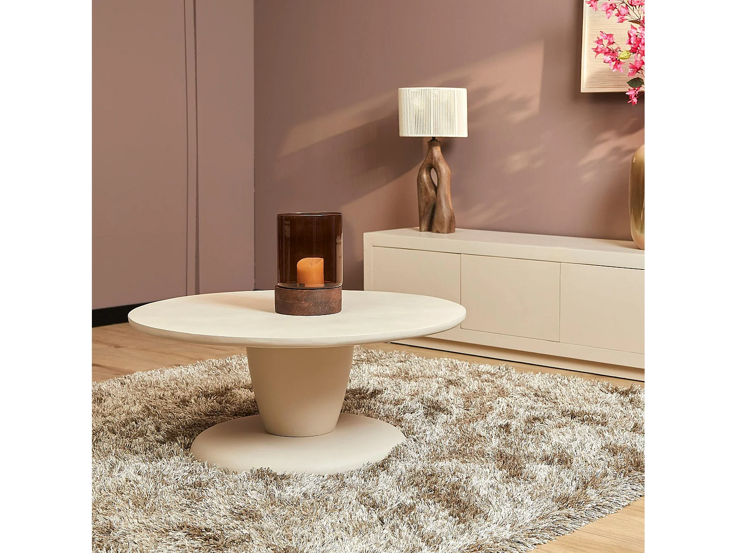 Table basse ronde en bois sable à pied central ALMA