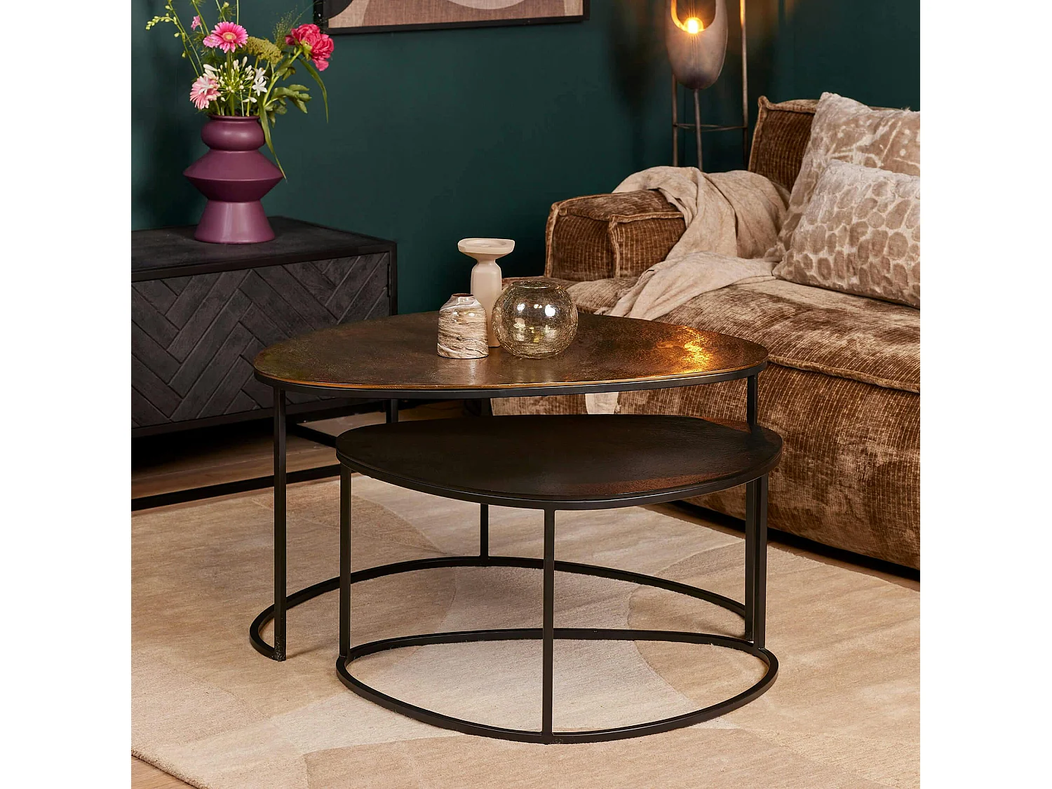 Table basse gigogne design organique noir et or (lot de 2) KANO