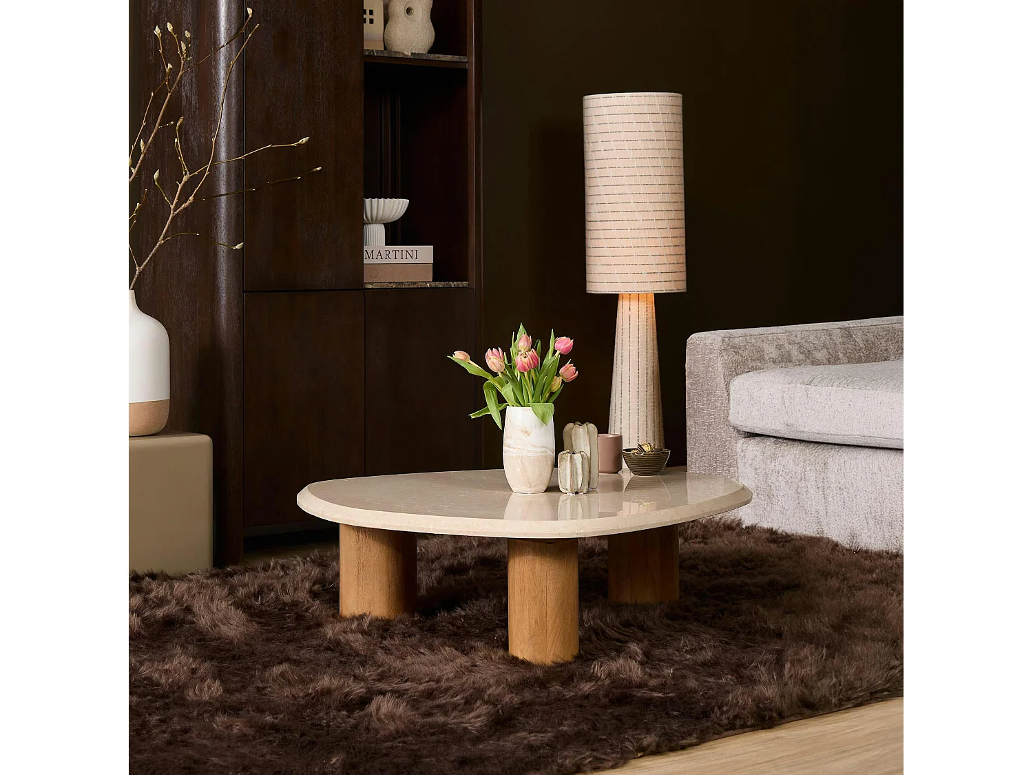 Table basse travertin bois design organique 100 cm DUOMO