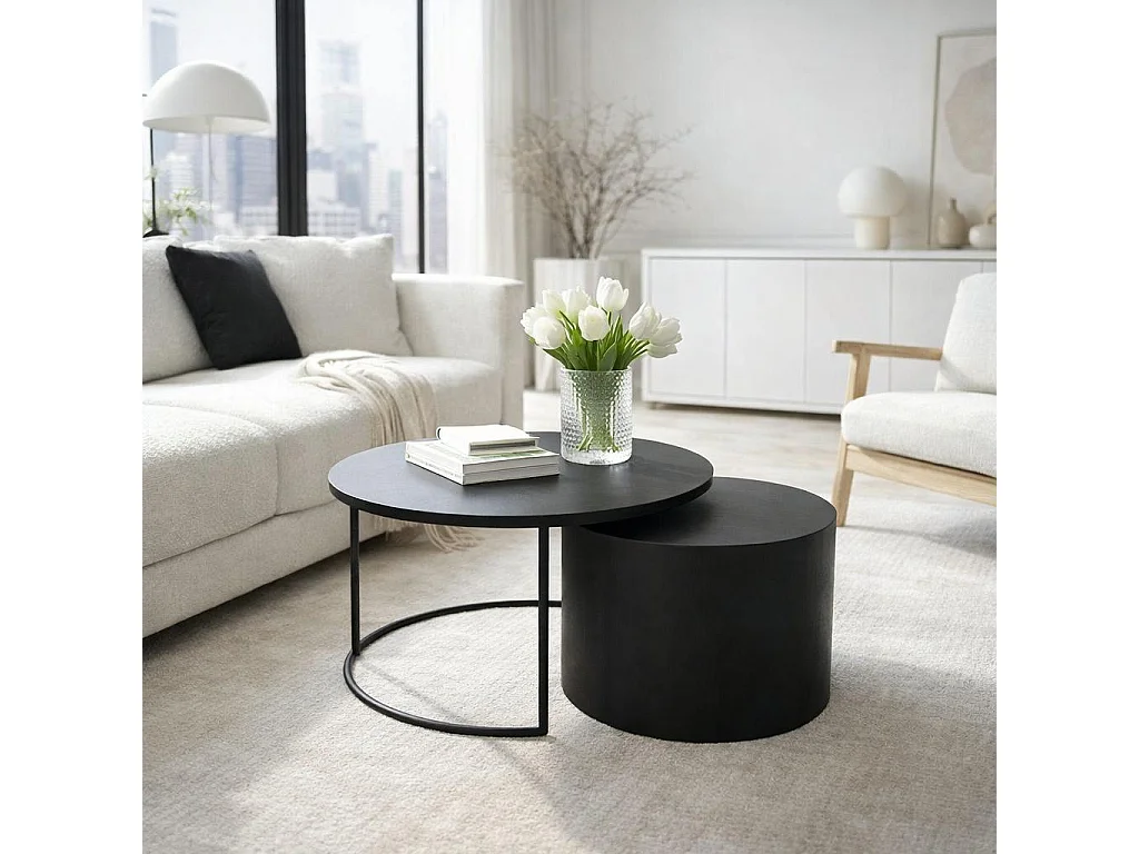 Table basse gigogne noire à bloc cylindre (lot de 2) KANO