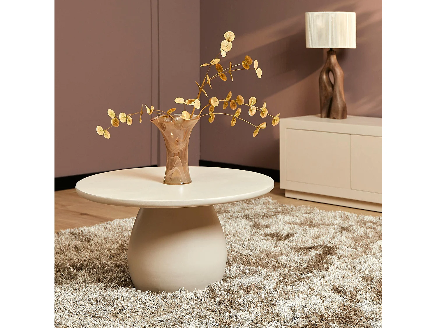 Table basse ronde en bois sable pied boule ALMA
