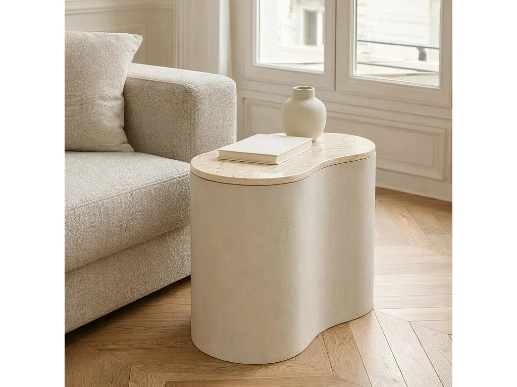 Table basse design organique marbre bois sable 50 cm DUOMO