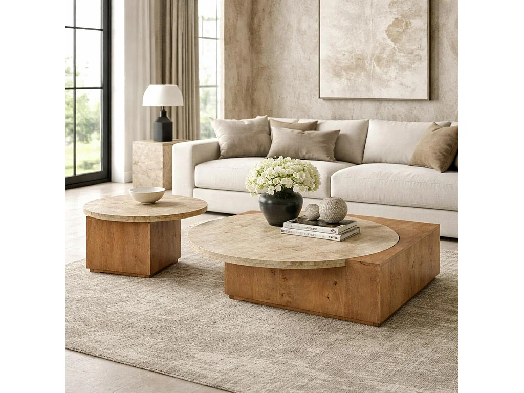 Table basse travertin et bois style design DUOMO