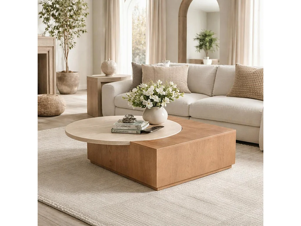 Table basse travertin et bois style design DUOMO