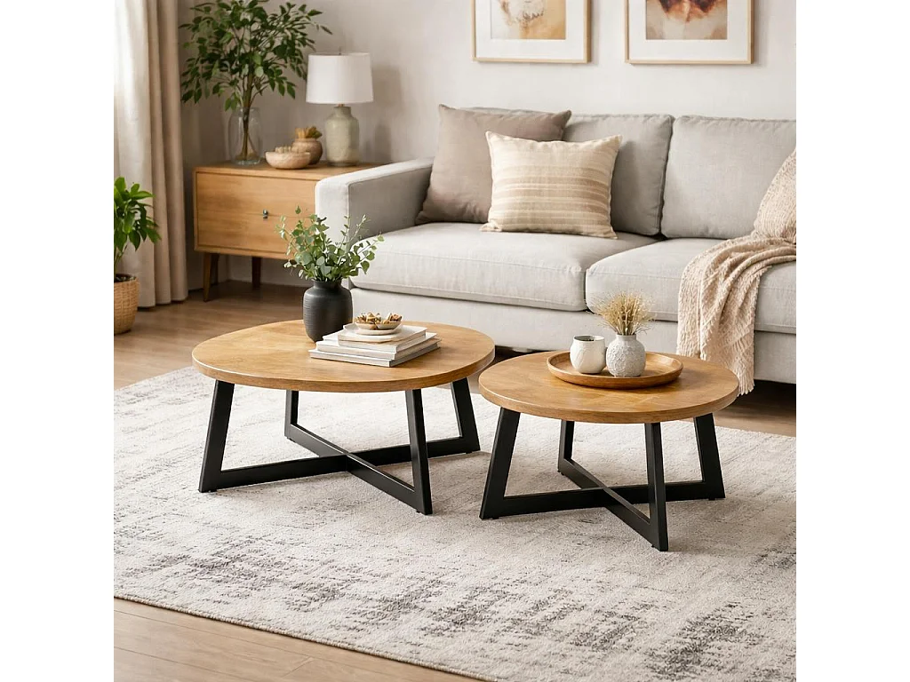 Table basse ronde en bois avec pied en croix (lot de 2) ALMA