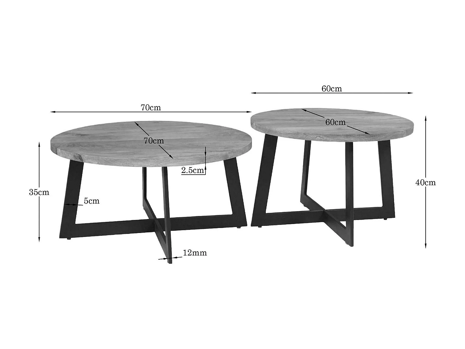 Table basse ronde en bois avec pied en croix (lot de 2) ALMA