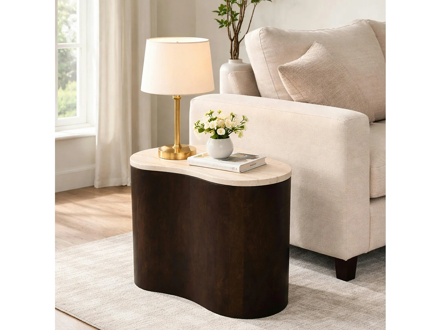 Table basse design organique marbre bois foncé 50 cm DUOMO
