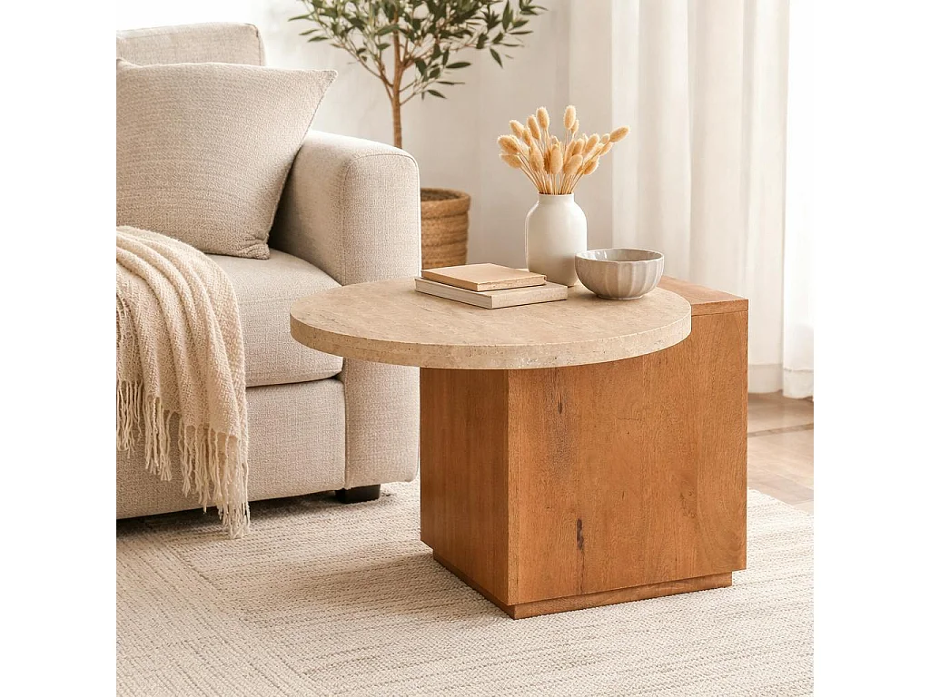 Petite table basse travertin et bois design DUOMO