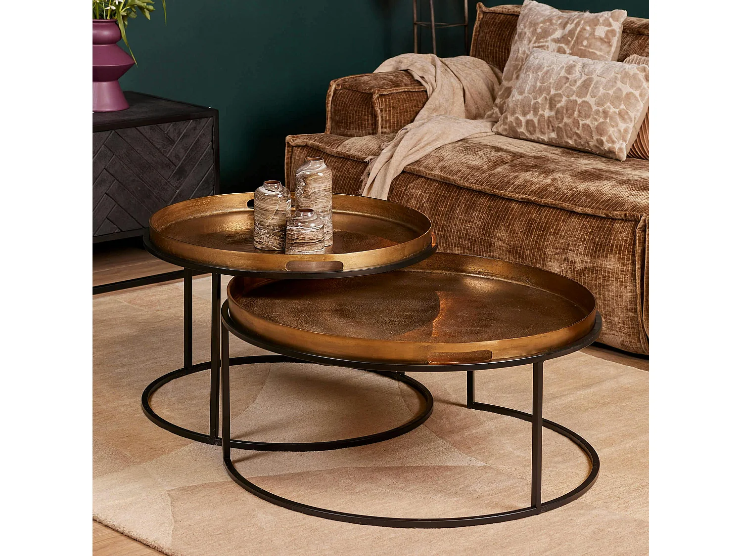 Table basse gigogne dorée à plateaux mobiles (lot de 2) KANO